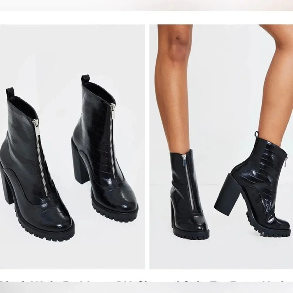 PrettyLittleThing Cleated Sole Zip Front High ankle Bootie Black Women’s size 7 - Picture 2 of 16